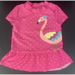 Carters Pink Polka Dot Flamingo Rash Guard Swim Top‎ Ruffle Hem Size 4 5